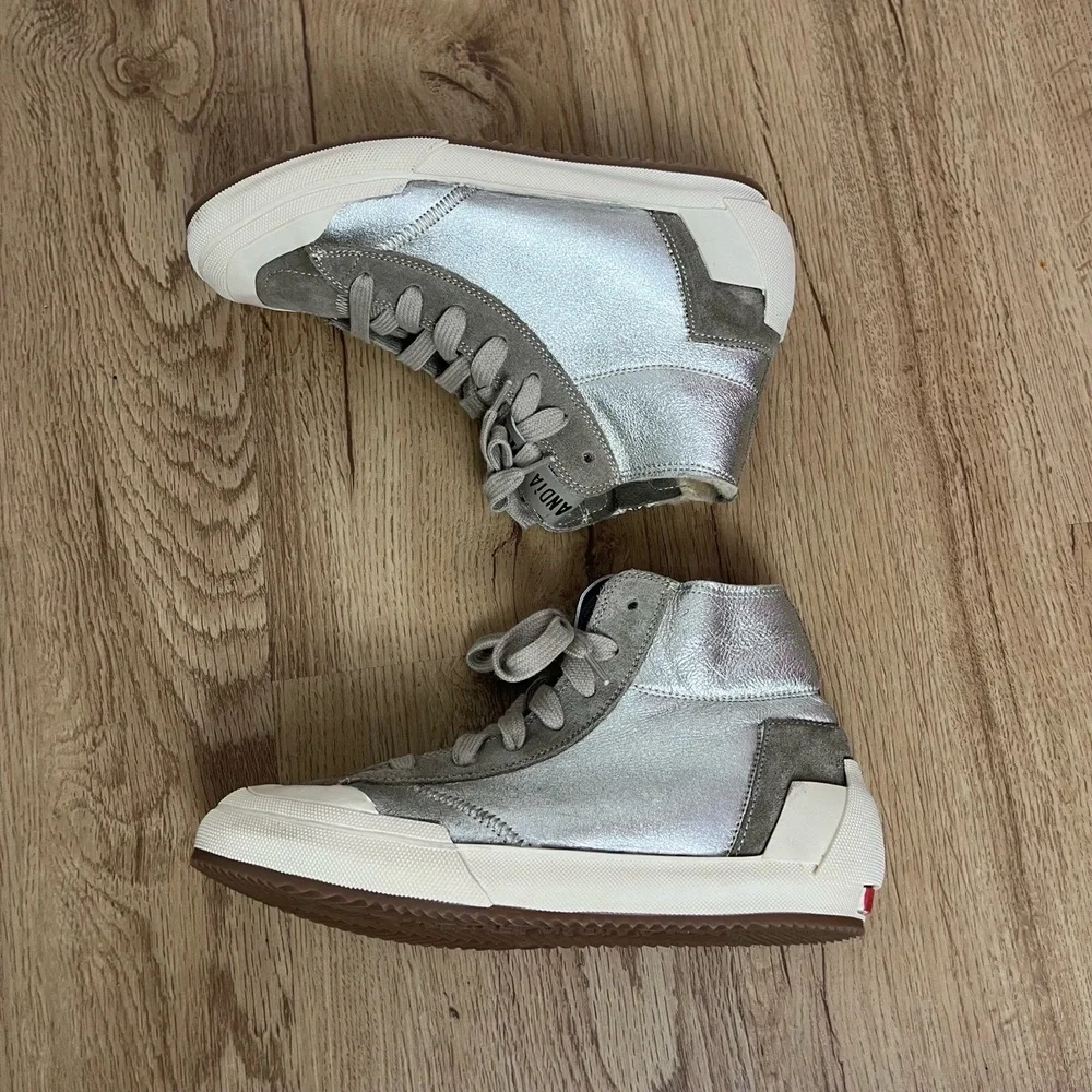 Andia‎ Fora Beige Metallic Silver High Top Side Zipper Lace Up Sneakers Size 39